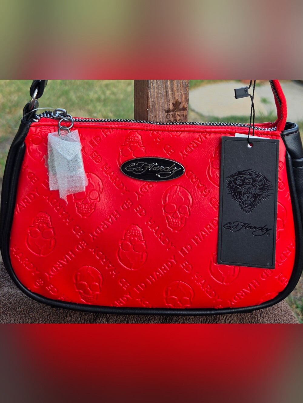 Ed Hardy Red Embossed Skull Wristlet